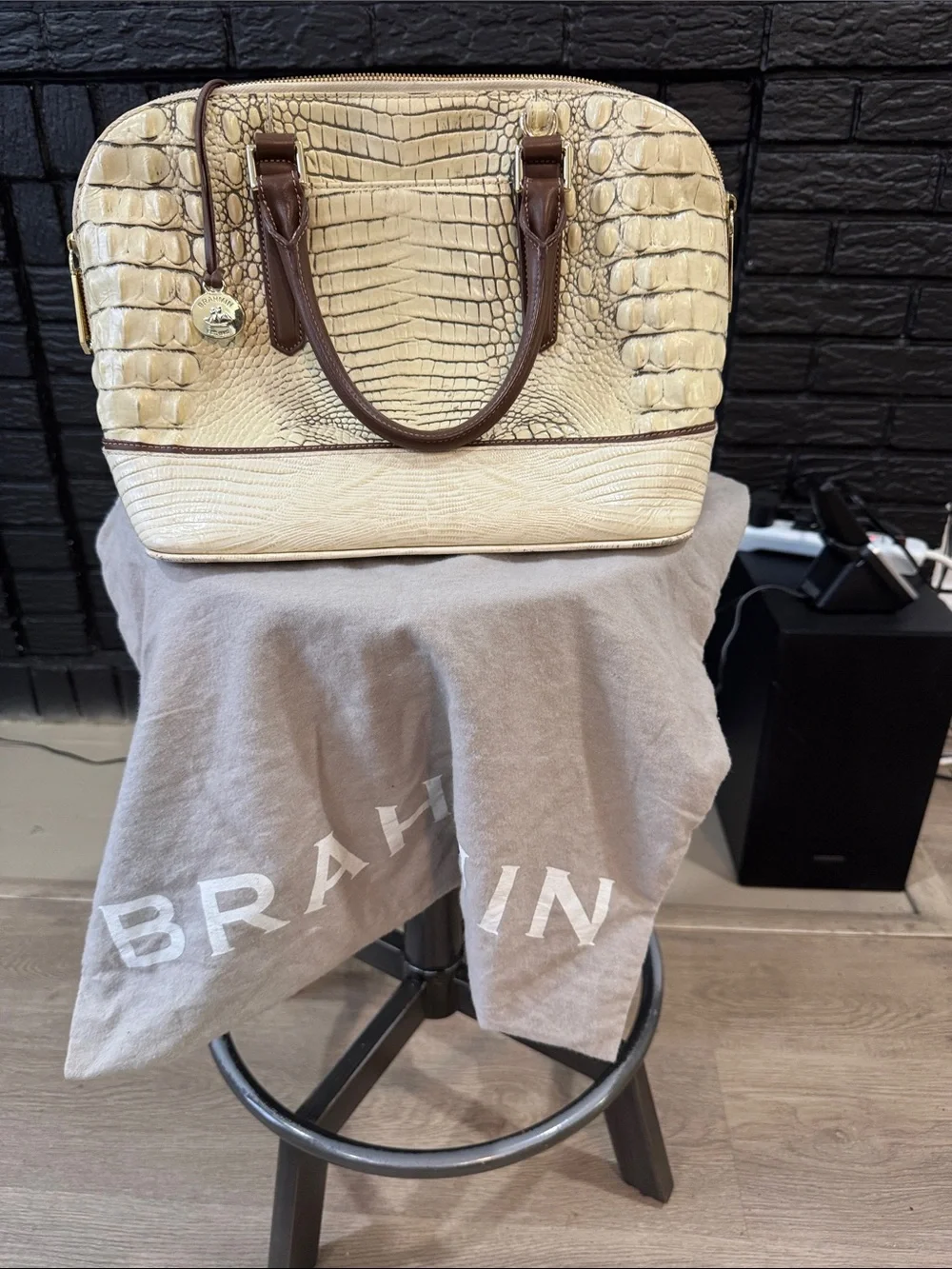 Brahmin Cream Croc-Embossed Satchel with Brown Trim